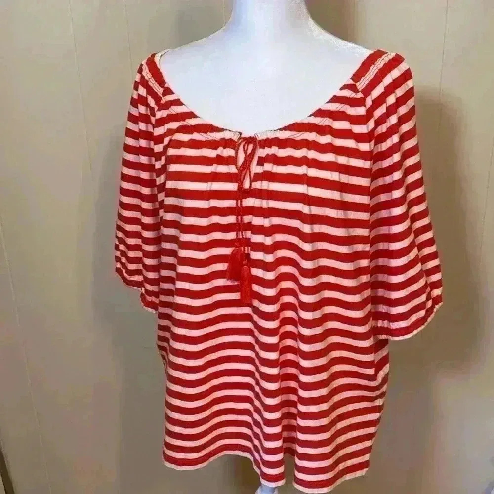 J Crew Red & White Striped Short Sleeve Shirt with Tassels in Size Large.